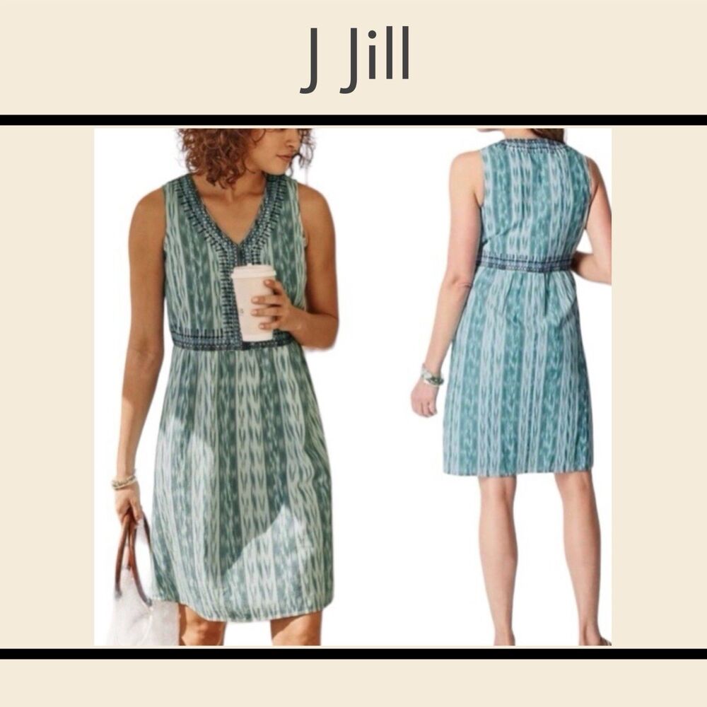 J. JILL Ikat Embroidered Dress Green White Sleeveless Cotton Lined Small Petite